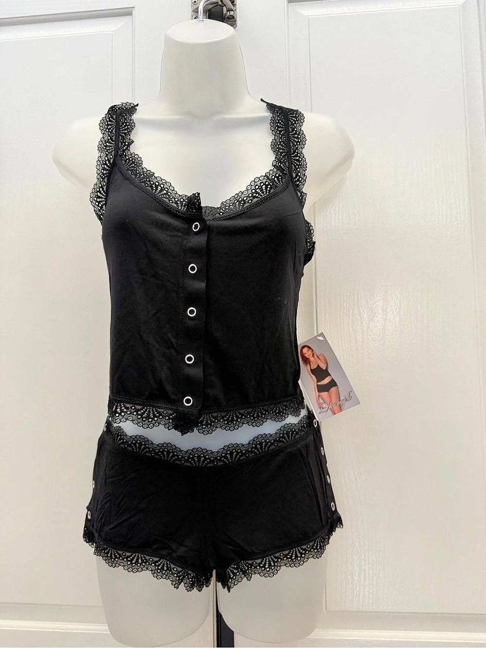 Black Lace Trim Cami Shorts Set Sz S